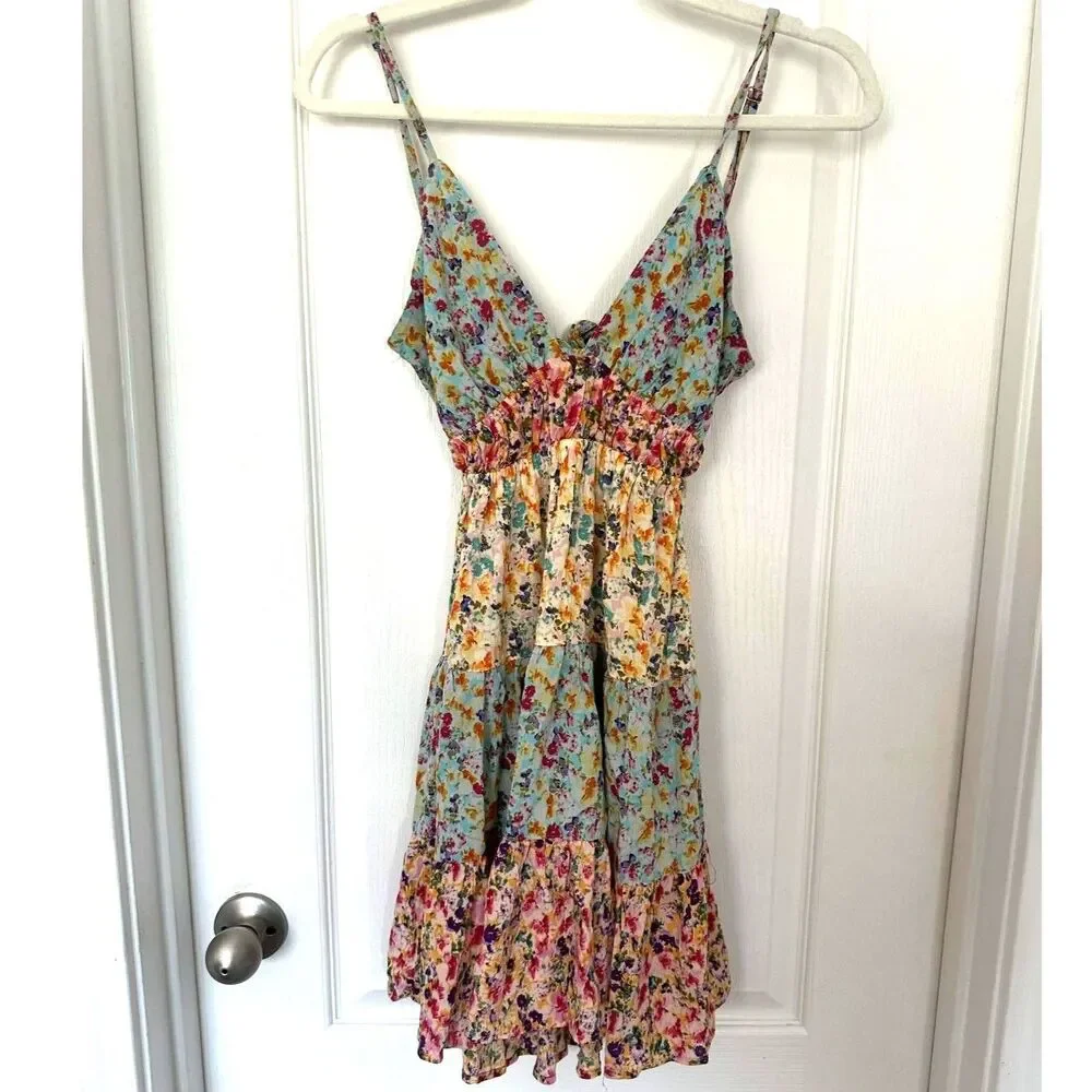 Angie Floral Tiered Mini Dress Boho Tie Back Spaghetti Strap Cottagecore Size S - Picture 2 of 9